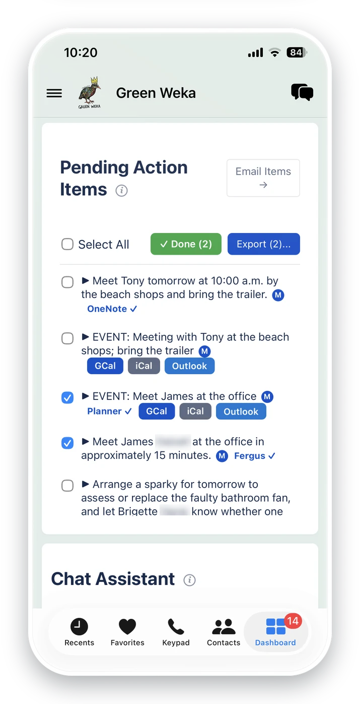 Green Weka app showing action items captured from calls